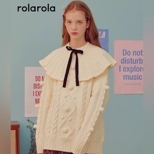 Cream Cable Knit Pom Pom Sweater with a removable Collar